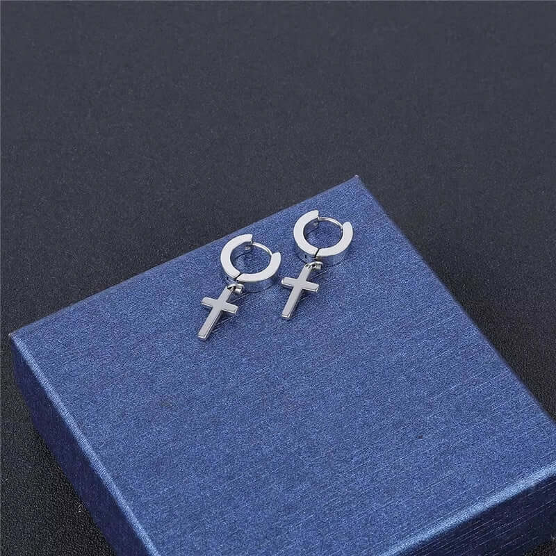 THE MEN THING Nose & Ear Ring Pair (Both Ears) SHADOW CROSS - SILVER - Pure Titanium Steel Ear Hoop Earrings for Men & Boys (2 Pcs)