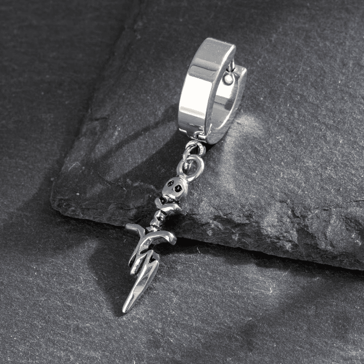 THE MEN THING Nose & Ear Ring Pair (Both Ears) SKULL DAGGER SILVER - Pure Titanium Steel Ear Hoop Earrings for Men & Boys (2 Pcs)