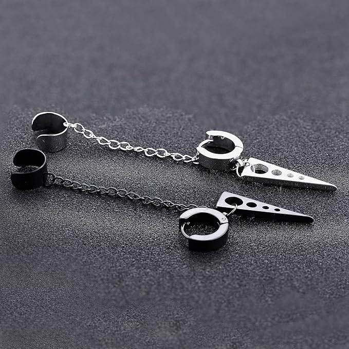 THE MEN THING Nose & Ear Ring Pair (Both Ears) TRIANGLE DROP SILVER - Titanium Steel Hoop Earrings for Men & Boys (2 Pcs)