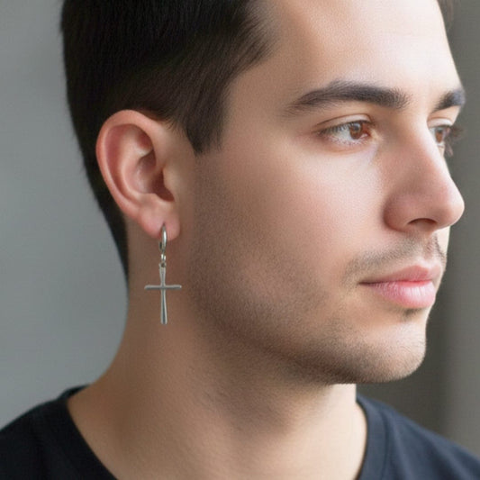 THE MEN THING Nose & Ear Ring Pair (Both Ears) VOIDWALKER SILVER CROSS - Titanium Steel Hoop Earrings for Men & Boys (2 Pcs)