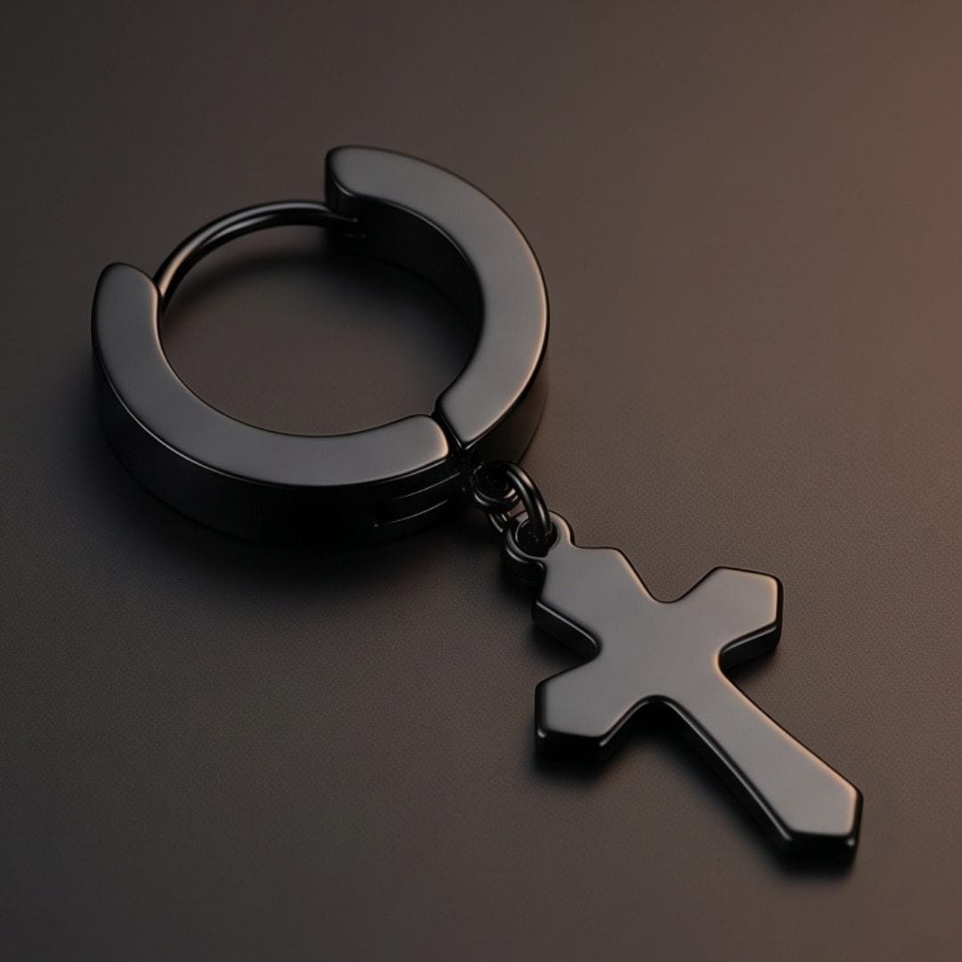 THE MEN THING Nose & Ear Ring RAVEN CROSS BLACK - Stainless Steel Cross Dangle Earring in Black for Men & Boys