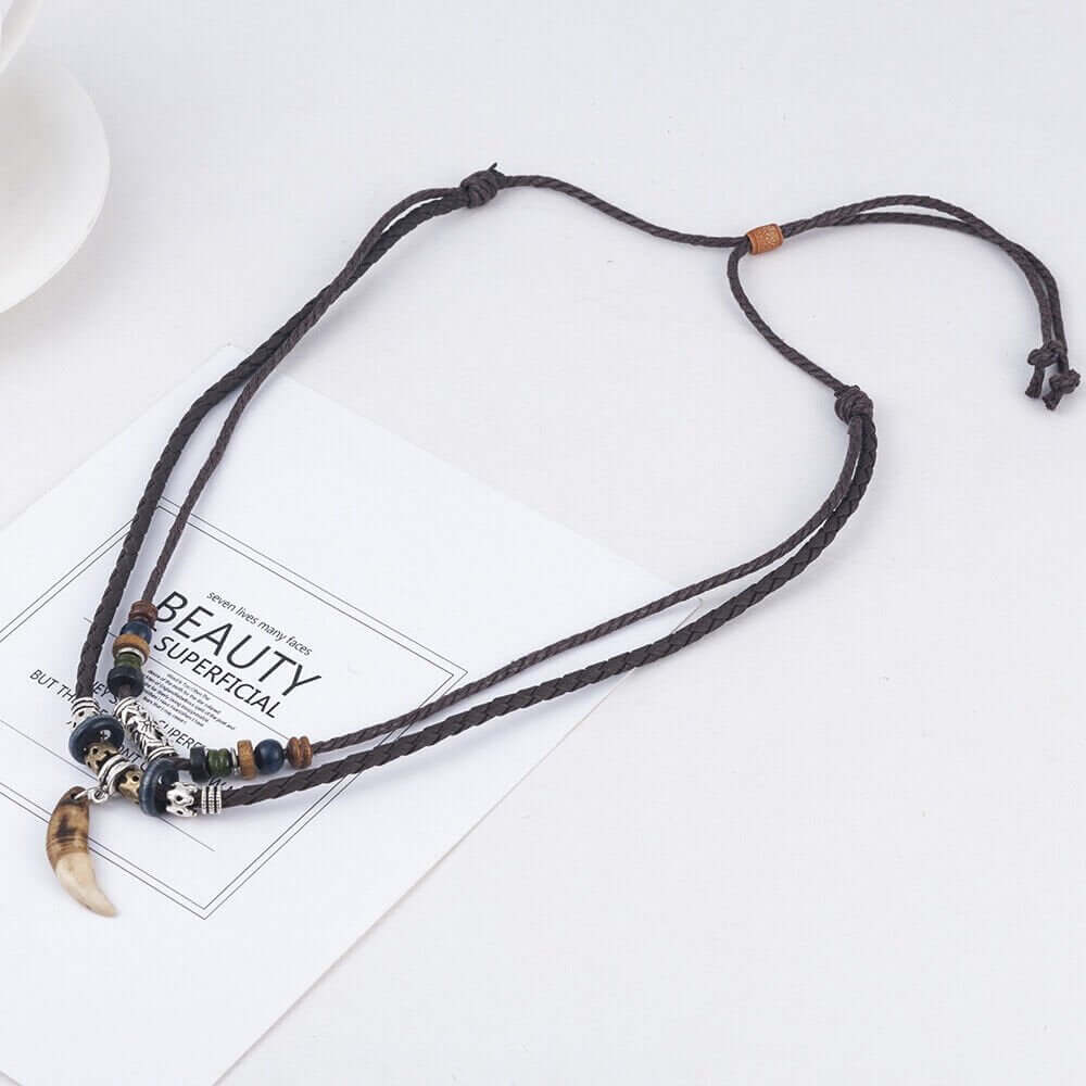 THE MEN THING Pearl / Bead Necklace BOHEMIAN WOLF TOOTH - Wolf Tooth Pendant with Beaded Multilayer Adjustable Rope Necklace for Men and Boys