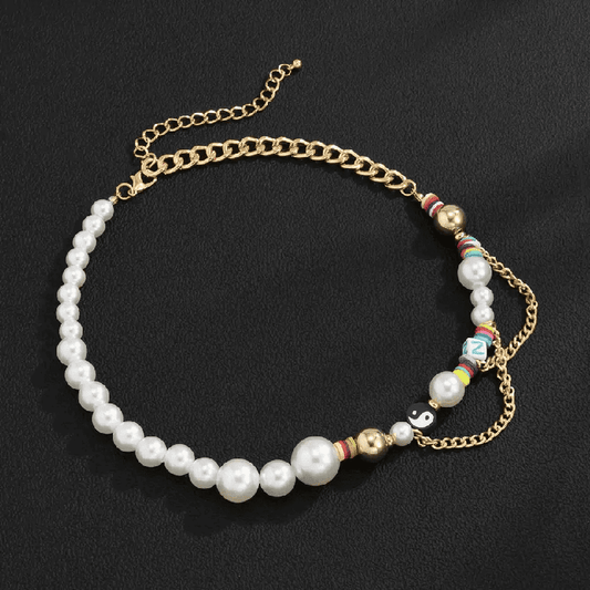 THE MEN THING Pearl / Bead Necklace DARE TO WEAR PEARL - Pearl Necklace for Men - Half Pearl Half Gold Toned Chain Necklace for Mens & Boys (21 inch with adjustable cable chain)