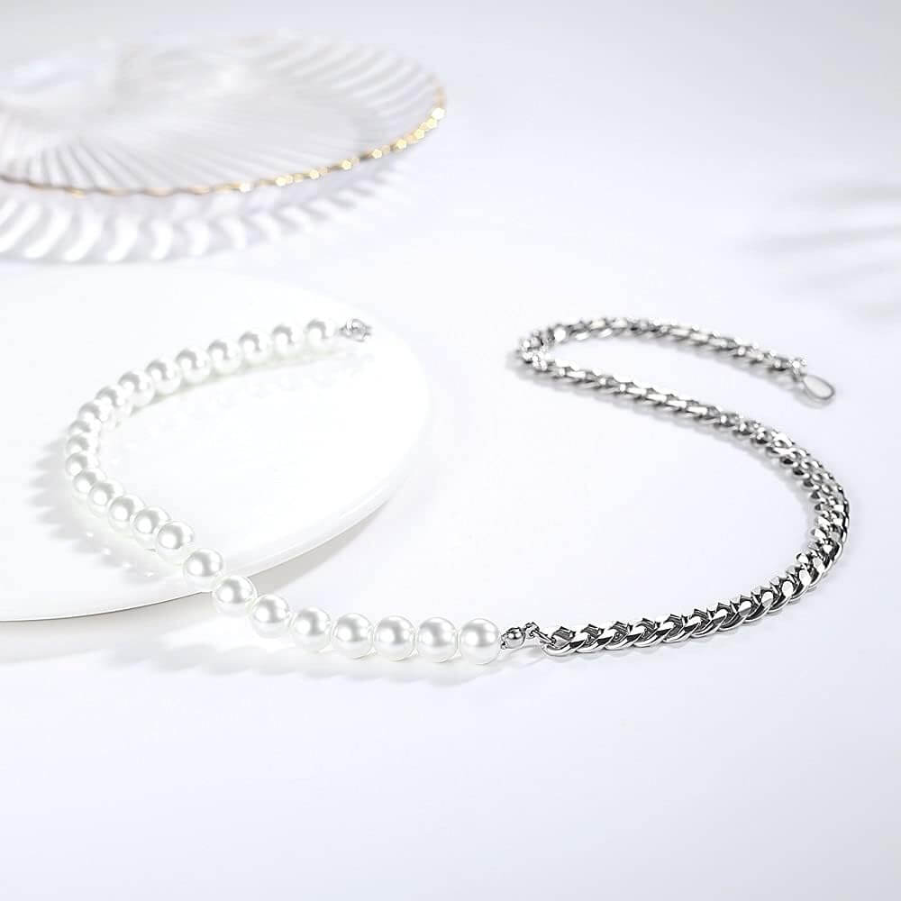 THE MEN THING Pearl / Bead Necklace OPULENT ORBIT - Stylish Pearl Necklace with Cuban Chain Fusion Necklaces for Men and Boys (17 Inch)
