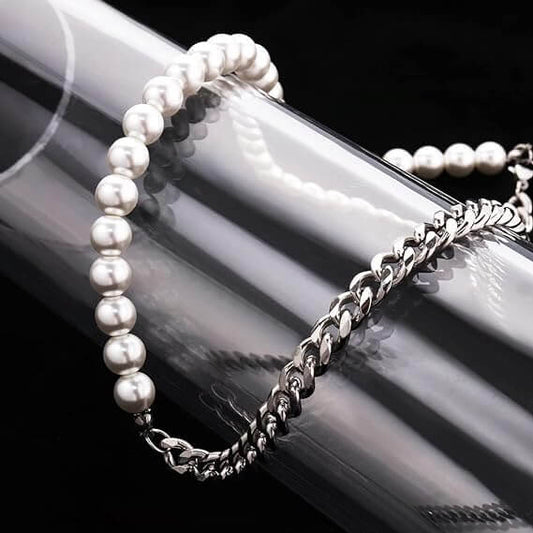 THE MEN THING Pearl / Bead Necklace OPULENT ORBIT - Stylish Pearl Necklace with Cuban Chain Fusion Necklaces for Men and Boys (17 Inch)