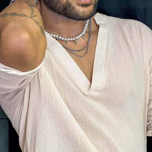 THE MEN THING Pearl / Bead Necklace PRISMATIC PEARL ARMORY - Pearl Necklace with Man Stainless Steel Cuban Chain Spikes Pendant Necklace for Men & Boys (18 - 21 Inch)