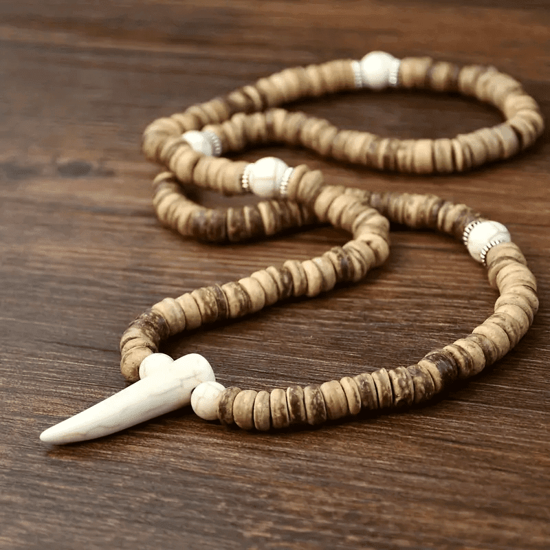 THE MEN THING Pearl / Bead Necklace TRIBAL COCONUT WHITE HORN - Beaded Necklace with stone beads Horn Tooth Pendants for Mens & Boys (24 inch)