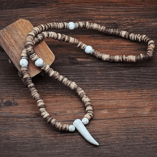 THE MEN THING Pearl / Bead Necklace TRIBAL COCONUT WHITE HORN - Beaded Necklace with stone beads Horn Tooth Pendants for Mens & Boys (24 inch)