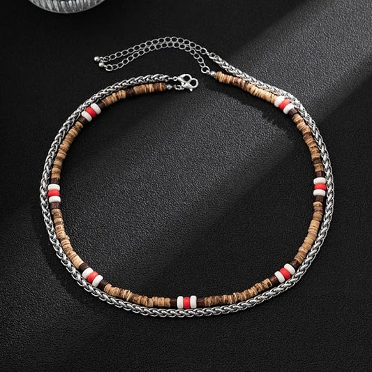 THE MEN THING Pearl / Bead Necklace WENGE WOOD MULTI-LAYERED - Natural Wood Beaded Necklace with Twisted Steel Link Chain for Mens & Boys (22 and 24 inch with adjustable cable chain)