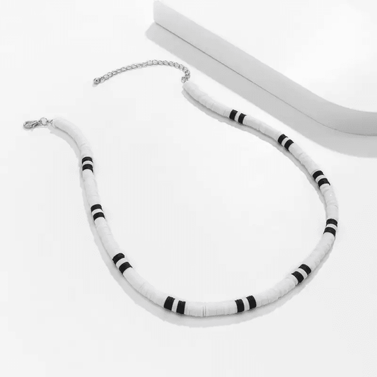 THE MEN THING Pearl / Bead Necklace WHITE EARTHY APPEAL - Beaded Necklace - Black & White Beaded Necklace for Men & Boys (20 inch with adjustable cable chain)