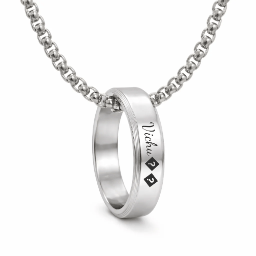 THE MEN THING PPLR_HIDDEN_PRODUCT Personalised Name Engraved - Ring in Necklace | My Words, My Love - Pure Titanium Steel Pendant with 24inch Round Box 4mm Chain for Men & Boys