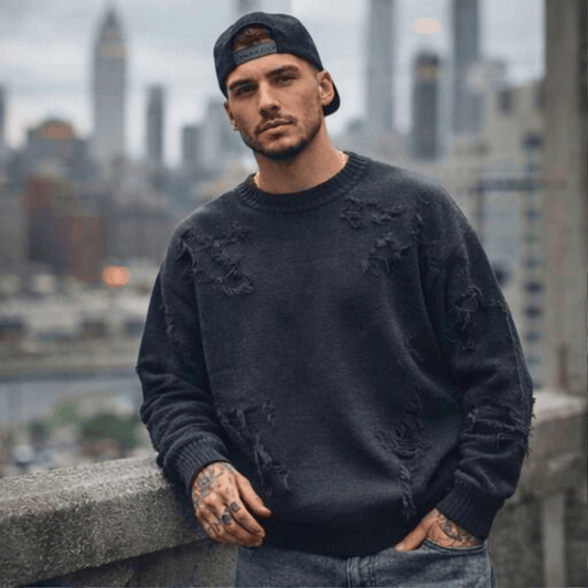 THE MEN THING RAVAGED KNIT Distressed Oversized Sweatshirt - Black