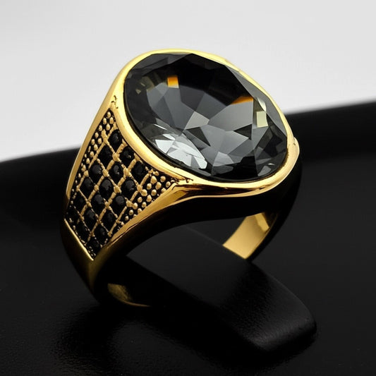 THE MEN THING Rings 16 Royal Series - ECLIPSIAN RING - Pure Stainless Steel Men’s Gold-Plated Ring – Statement Luxury Jewelry (Size : 16-19-22-24-27)