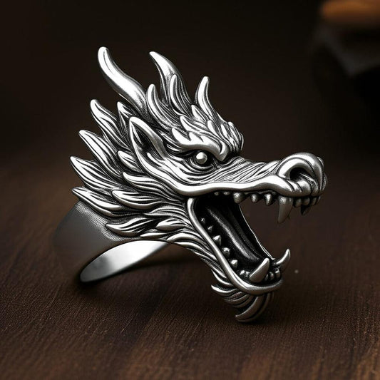 THE MEN THING Rings 17 FERAL DRAGON - Pure Stainless Steel Men’s Steel-Plated Ring – Statement Luxury Jewelry (Size : 17-22-27)