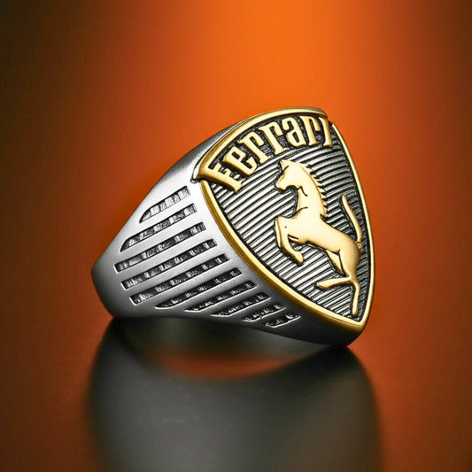 THE MEN THING Rings 19 Royal Series - FERRARI CREST RING - Pure Stainless Steel Men’s Steel-Gold-Plated Ring – Statement Luxury Jewelry (Size : 19-21-24)