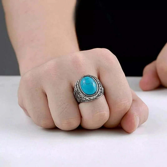 THE MEN THING Rings AZURE DREAMS Titanium Steel Ring - Retro Vintage Blue Stone (Size : 17-21- 24)