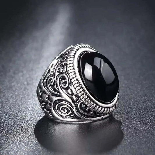 THE MEN THING Rings BLACK ENIGMA - Titanium Steel Vintage Ring with Black Stone ( Size -17-21- 24)