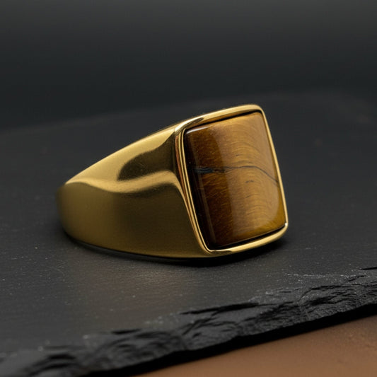 THE MEN THING Rings Royal Series - AMBERSTONE CREST RING - Pure Stainless Steel Men’s Gold-Plated Ring – Statement Luxury Jewelry (Size : 16-21-26)