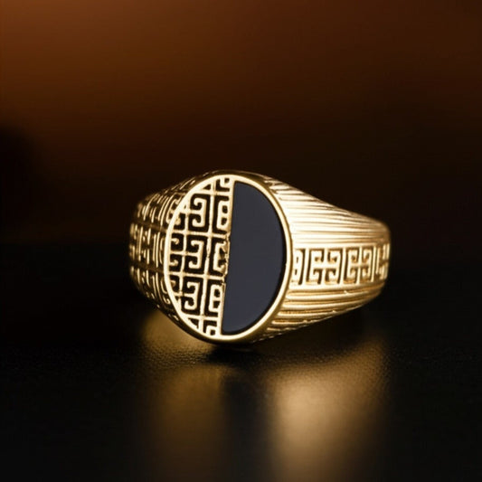 THE MEN THING Rings Royal Series - AURELIAN MAZE RING - Pure Stainless Steel Men’s Gold-Plated Ring – Statement Luxury Jewelry (Size : 17-19-22-27)