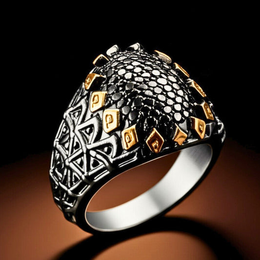 THE MEN THING Rings Royal Series - BLACK SPIRE EMBER RING - Pure Stainless Steel Men’s Black-Gold-Plated Ring – Statement Luxury Jewelry (Size : 19-22-24-27)