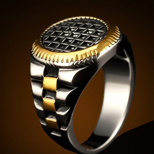THE MEN THING Rings Royal Series - DOMINION GRID RING - Pure Stainless Steel Men’s Silver Gold-Plated Ring – Statement Luxury Jewelry (Size : 19-22-24)