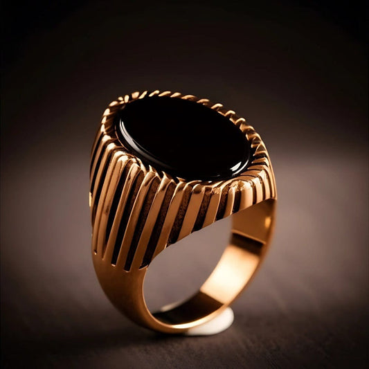 THE MEN THING Rings Royal Series - NIGHT EMBER RING - Pure Stainless Steel Men’s Rose Gold-Plated Black Onyx Ring – Statement Luxury Jewelry (Size : 19-22-24)