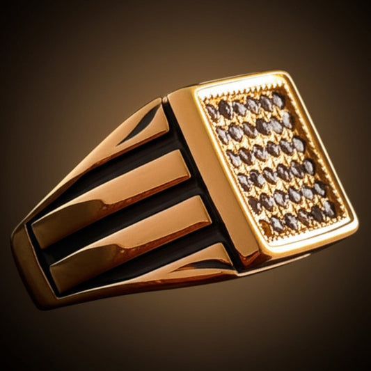 THE MEN THING Rings Royal Series - NIGHTFALL SQUARE RING - Pure Stainless Steel Men’s Gold-Plated Ring – Statement Luxury Jewelry (Size : 18-24)