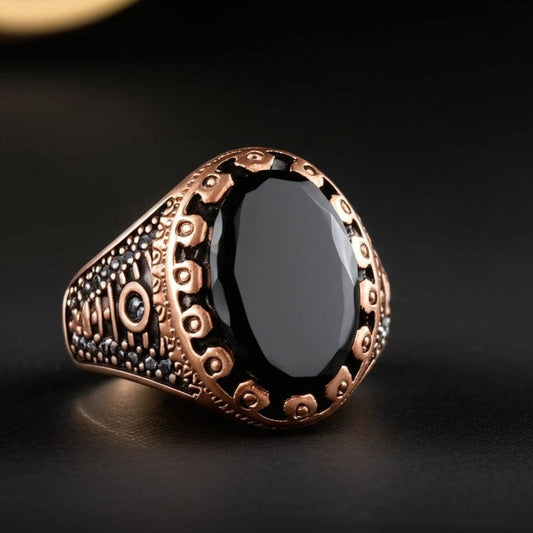 THE MEN THING Rings Royal Series - RAVIK RING - Pure Stainless Steel Men’s Rose Gold-Plated Black Stone Ring – Statement Luxury Jewelry (Size : 19-22-24)