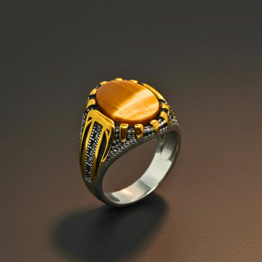 THE MEN THING Rings Royal Series - SOLARIS SIGNET - Pure Stainless Steel Men’s Gold-Plated Ring – Statement Luxury Jewelry (Size :15-16-17-20-21-22-26-27-28)