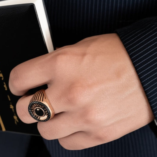 THE MEN THING Rings Royal Series - TITAN CREST RING - Pure Stainless Steel Men’s Rose Gold-Black-Plated Ring – Statement Luxury Jewelry (Size : 16-21-24)