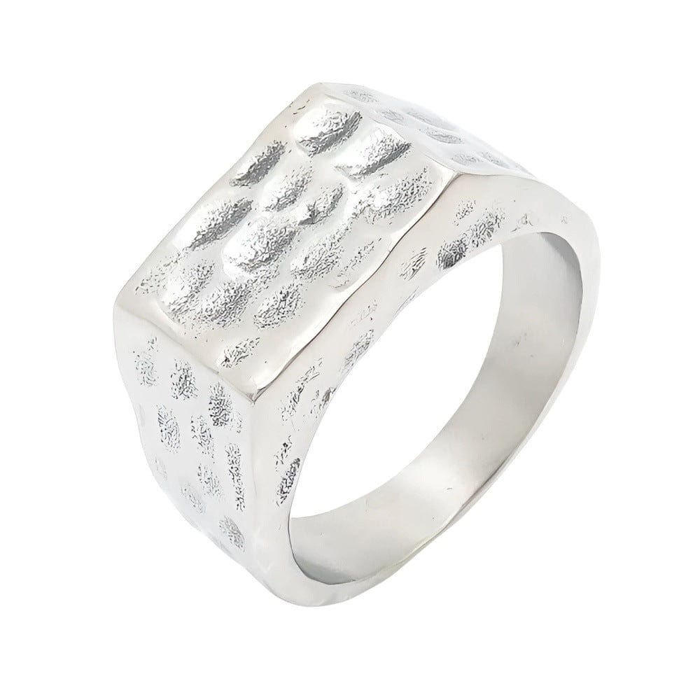 THE MEN THING Rings STERLING SILVER SQUARE HAMMERED RING - Silver Steel Ring - Pure Titanium Steel Ring for Men Size - 21