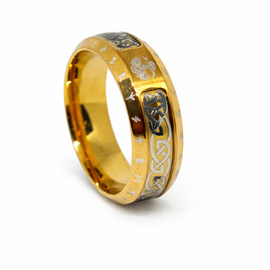 THE MEN THING Rings VALKNUT TREE RUNE - Golden - Pure Stainless Steel Men’s Ring for Men & Boys (Size : 17-22-27)