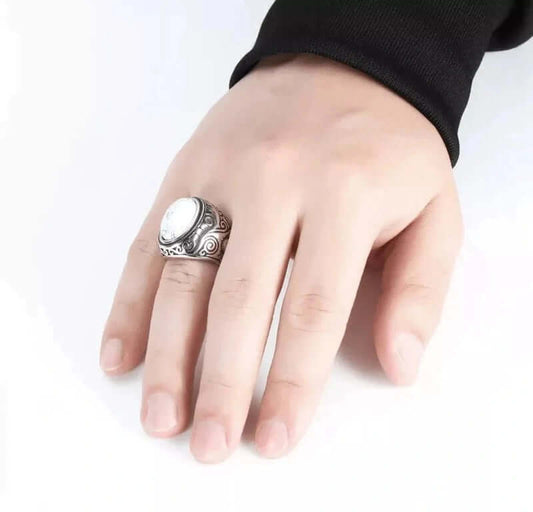 THE MEN THING Rings WHITE WHISPER - Titanium Steel Vintage Ring with White Stone (Size, 17-21- 24)