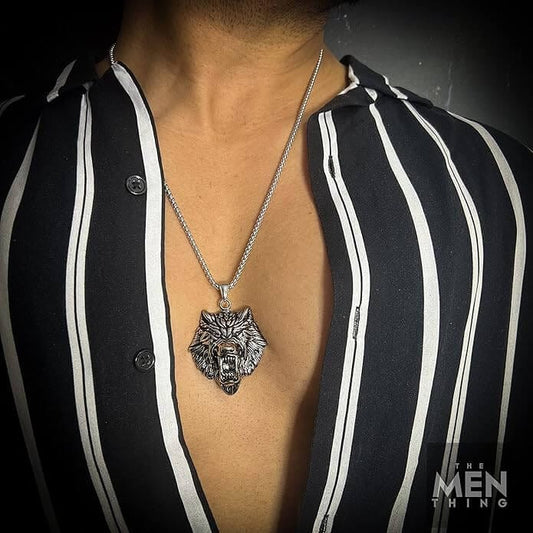 THE MEN THING SS Pendant/ Necklace ANGRY WOLF - Pure Titanium Steel Wolf Pendant with 24inch Round Box Chain for Men & Boys