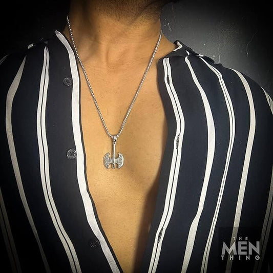 THE MEN THING SS Pendant/ Necklace BATTLE DOUBLE AXE - Pure Titanium Steel Axe Pendant with 24inch Round Box Chain for Men & Boys