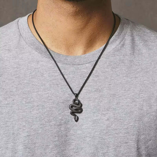 THE MEN THING SS Pendant/ Necklace BLACK GUARDIAN SNAKE - Pure Titanium Steel Pendant with 24inch Round Box Chain for Men & Boys