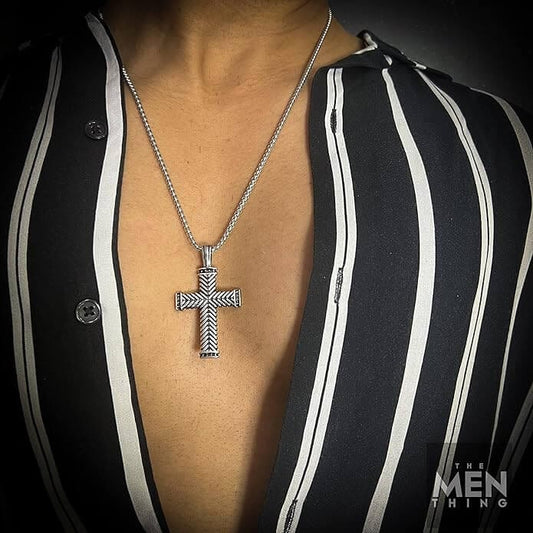 THE MEN THING SS Pendant/ Necklace CHEVRON CROSS - Titanium Steel Pendant with 24inch Round Box Chain for Men & Boys
