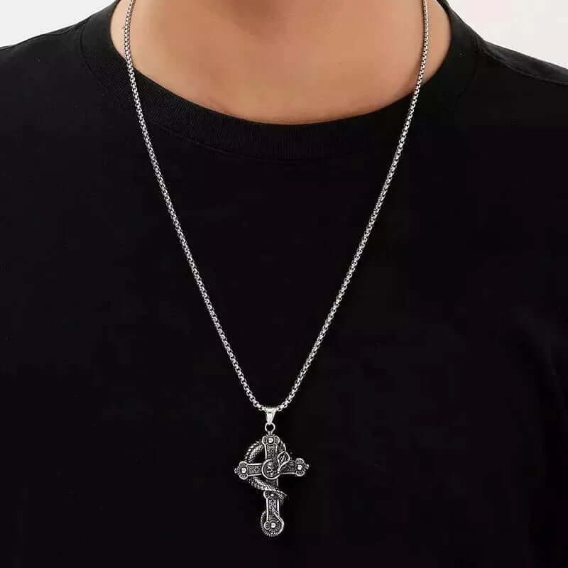 THE MEN THING SS Pendant/ Necklace COBRA-CROSS - Alloy Snake Pendant with Pure Stainless Steel 24inch Round Box Chain, European trending Style for Men & Boy