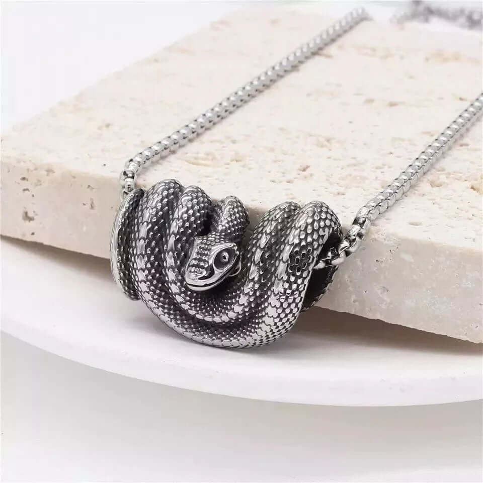 COILED SERPENT- Alloy Snake Pendant with Pure Stainless Steel 24inch Round Box Chain, European trending Style for Men Boy