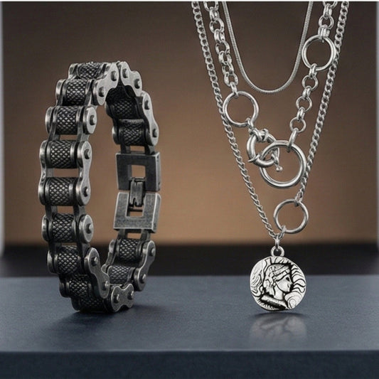 THE MEN THING SS Pendant/ Necklace Combo — Knight Mark European Chain × Biker Chain Bracelet | Premium Steel Style Duo