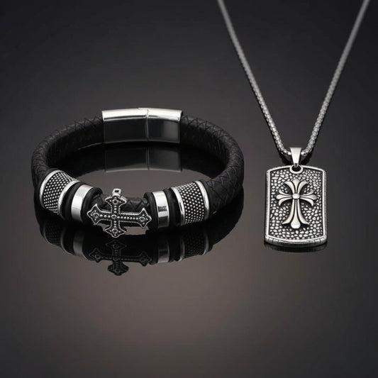 THE MEN THING SS Pendant/ Necklace COMBO - Titanium Steel Divine Faith Pendant + Templar Cross Leather Bracelet for Men's