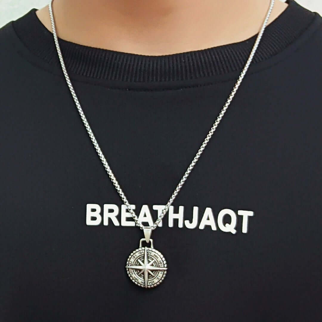 COMPASS LUCK Alloy Pendant with Pure Stainless Steel 24inch Round Box Chain, American trending Style for Men Boy