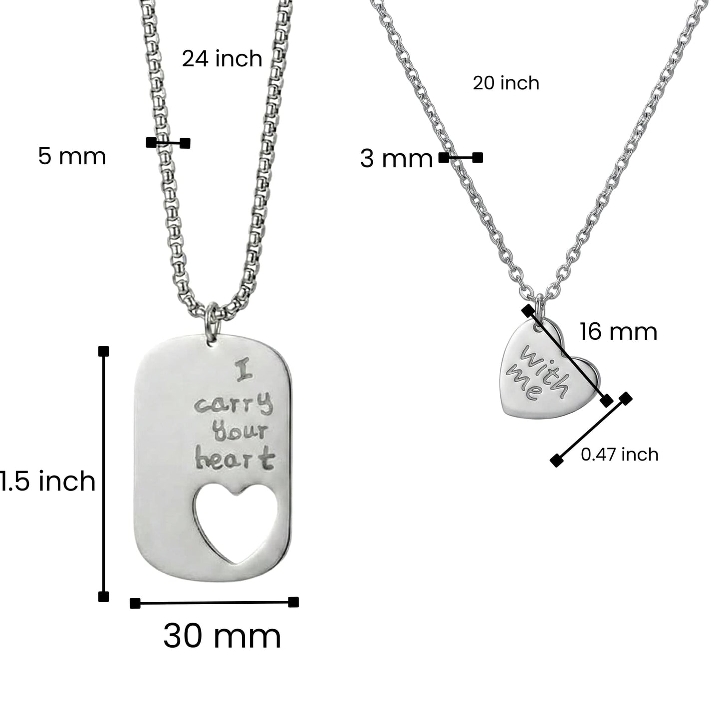 THE MEN THING SS Pendant/ Necklace COUPLE DOG TAG HEART - Pure Titanium Steel Pendant with 24inch Chain for Men & Boys