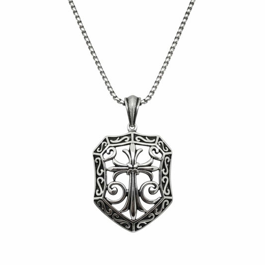THE MEN THING SS Pendant/ Necklace CRUSADER SHIELD - 40mm Titanium Steel Pendant with 24inch Round Box 5mm Chain for Men & Boys