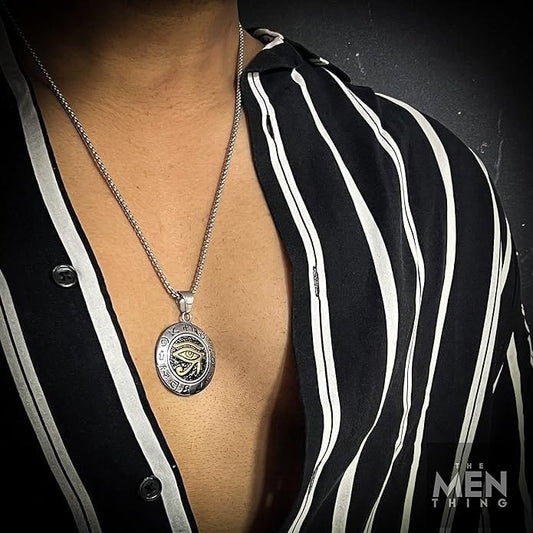 THE MEN THING SS Pendant/ Necklace EYE OF HORUS - Pure Titanium Steel Pendant with 24inch Round Box Chain for Men & Boys