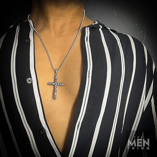 THE MEN THING SS Pendant/ Necklace FAITH CROSS - Pure Titanium Steel Cross Pendant with 24inch Round Box Chain for Men & Boys