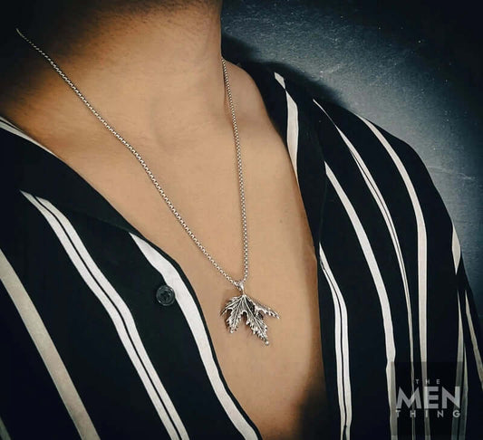 THE MEN THING SS Pendant/ Necklace FOLDED-LEAF -Alloy Leaf Pendant with Pure Stainless Steel 24inch Round Box Chain, European trending Style for Men & Boy