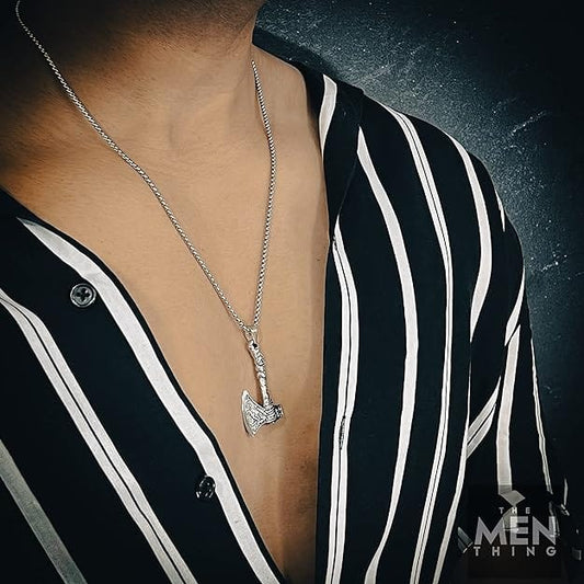 THE MEN THING SS Pendant/ Necklace FOXY AXE - Alloy Pendant with Stainless Steel 24inch Round Box Chain, American trending Style for Men & Boy