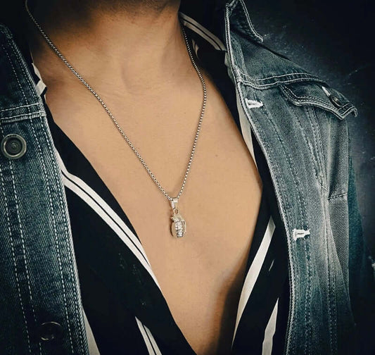 THE MEN THING SS Pendant/ Necklace GRENADE - Alloy Pendant with Pure Stainless Steel 24inch Round Box Chain, American trending Style for Men & Boy