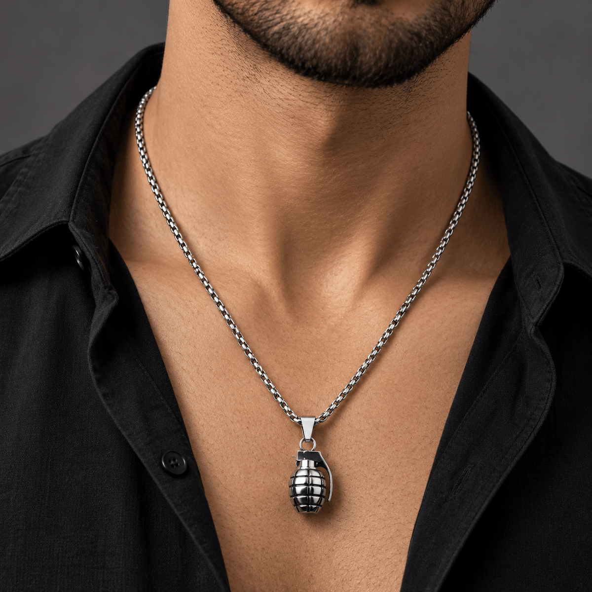 THE MEN THING SS Pendant/ Necklace GRENADE - Alloy Pendant with Pure Stainless Steel 24inch Round Box Chain, American trending Style for Men & Boy